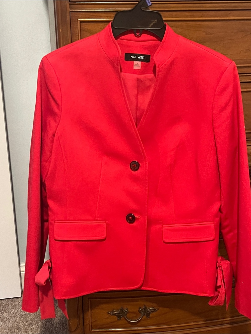 Nine West Red Collarless Blazer with Sleeve Tie Accents